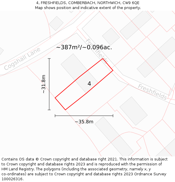 4, FRESHFIELDS, COMBERBACH, NORTHWICH, CW9 6QE: Plot and title map