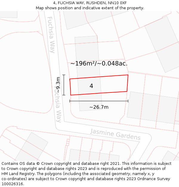 4, FUCHSIA WAY, RUSHDEN, NN10 0XF: Plot and title map