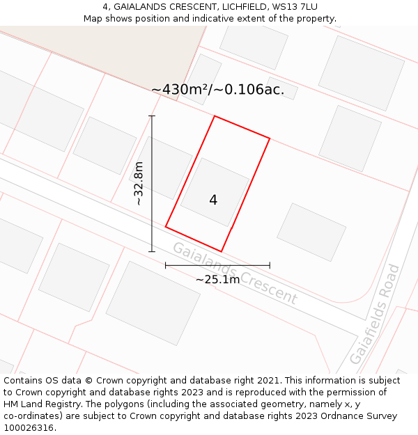 4, GAIALANDS CRESCENT, LICHFIELD, WS13 7LU: Plot and title map