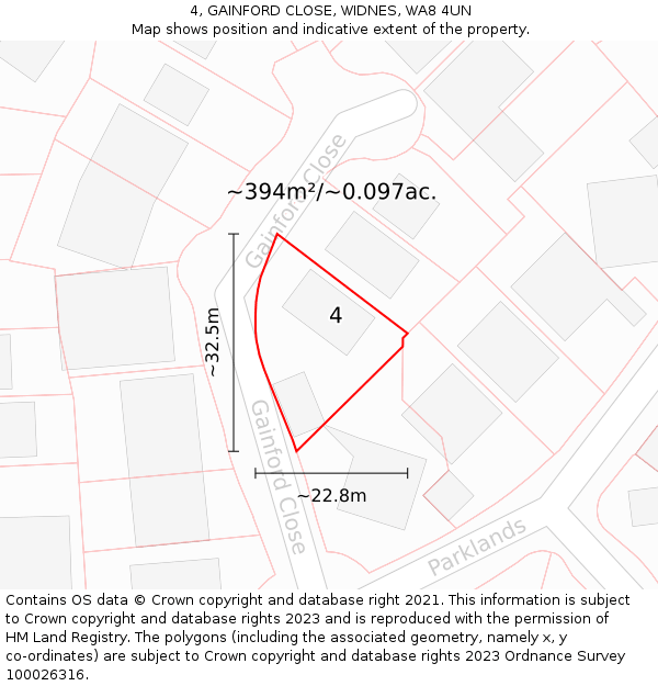 4, GAINFORD CLOSE, WIDNES, WA8 4UN: Plot and title map