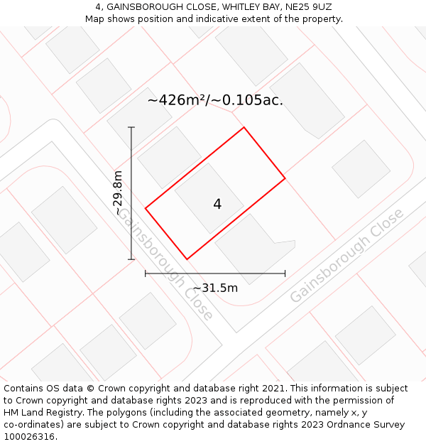 4, GAINSBOROUGH CLOSE, WHITLEY BAY, NE25 9UZ: Plot and title map