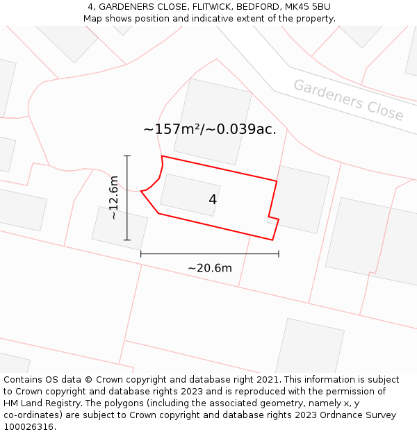 4, GARDENERS CLOSE, FLITWICK, BEDFORD, MK45 5BU: Plot and title map