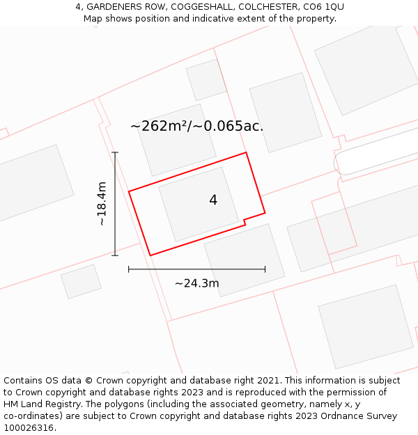4, GARDENERS ROW, COGGESHALL, COLCHESTER, CO6 1QU: Plot and title map