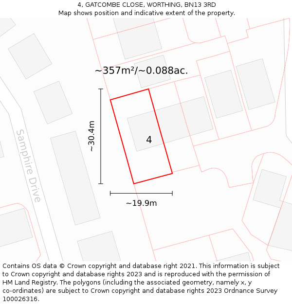 4, GATCOMBE CLOSE, WORTHING, BN13 3RD: Plot and title map