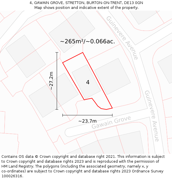 4, GAWAIN GROVE, STRETTON, BURTON-ON-TRENT, DE13 0GN: Plot and title map