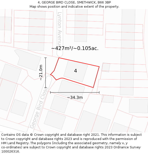 4, GEORGE BIRD CLOSE, SMETHWICK, B66 3BP: Plot and title map