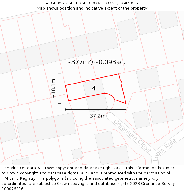 4, GERANIUM CLOSE, CROWTHORNE, RG45 6UY: Plot and title map