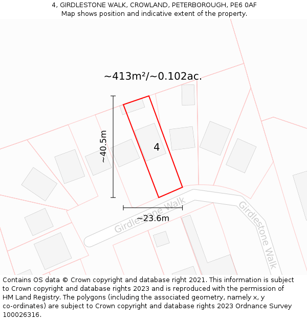 4, GIRDLESTONE WALK, CROWLAND, PETERBOROUGH, PE6 0AF: Plot and title map