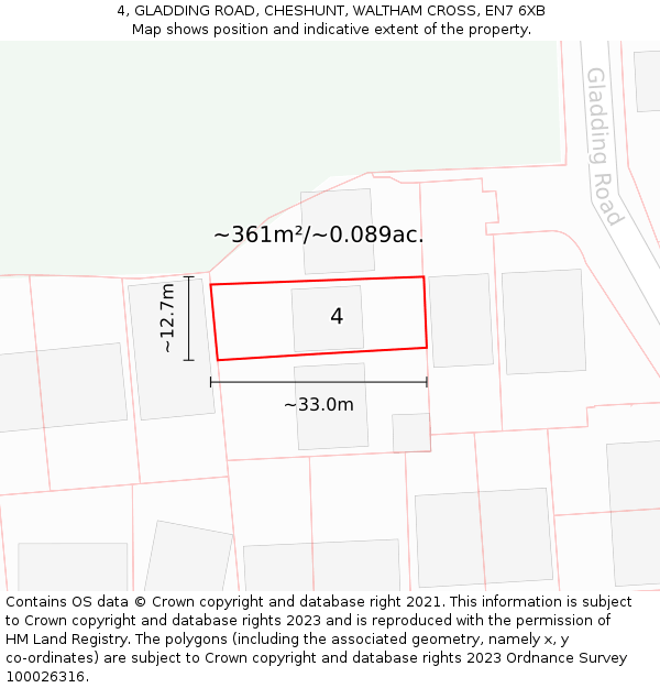 4, GLADDING ROAD, CHESHUNT, WALTHAM CROSS, EN7 6XB: Plot and title map