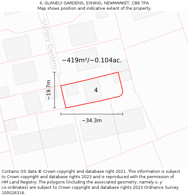 4, GLANELY GARDENS, EXNING, NEWMARKET, CB8 7PA: Plot and title map