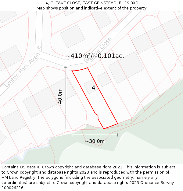 4, GLEAVE CLOSE, EAST GRINSTEAD, RH19 3XD: Plot and title map