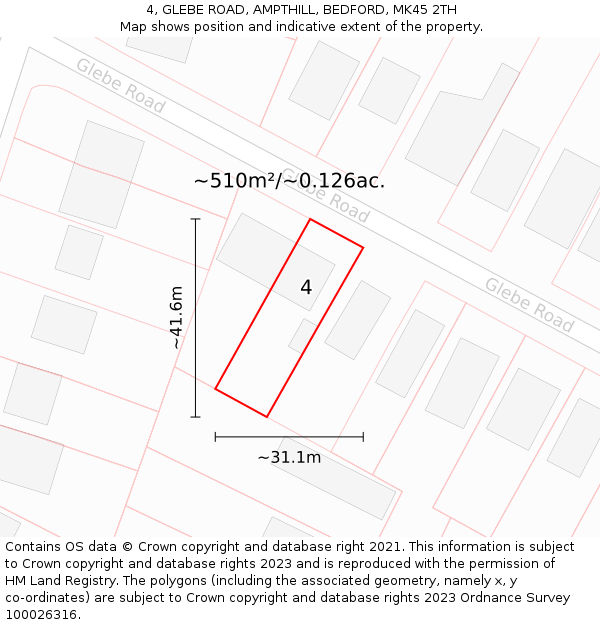 4, GLEBE ROAD, AMPTHILL, BEDFORD, MK45 2TH: Plot and title map