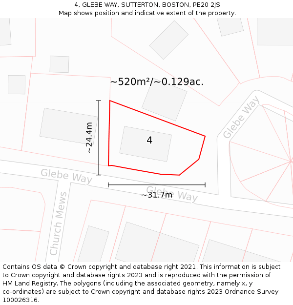 4, GLEBE WAY, SUTTERTON, BOSTON, PE20 2JS: Plot and title map
