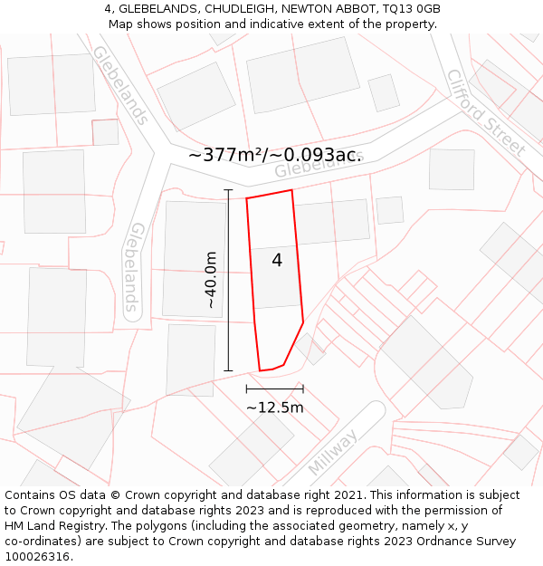 4, GLEBELANDS, CHUDLEIGH, NEWTON ABBOT, TQ13 0GB: Plot and title map