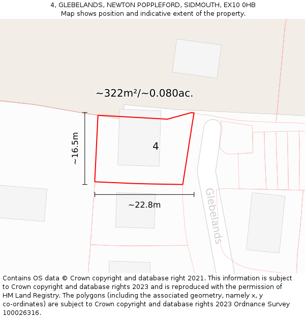 4, GLEBELANDS, NEWTON POPPLEFORD, SIDMOUTH, EX10 0HB: Plot and title map
