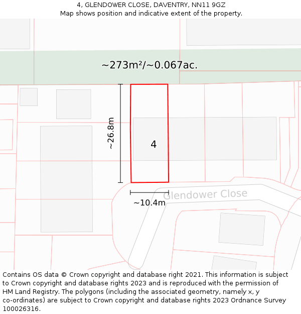 4, GLENDOWER CLOSE, DAVENTRY, NN11 9GZ: Plot and title map