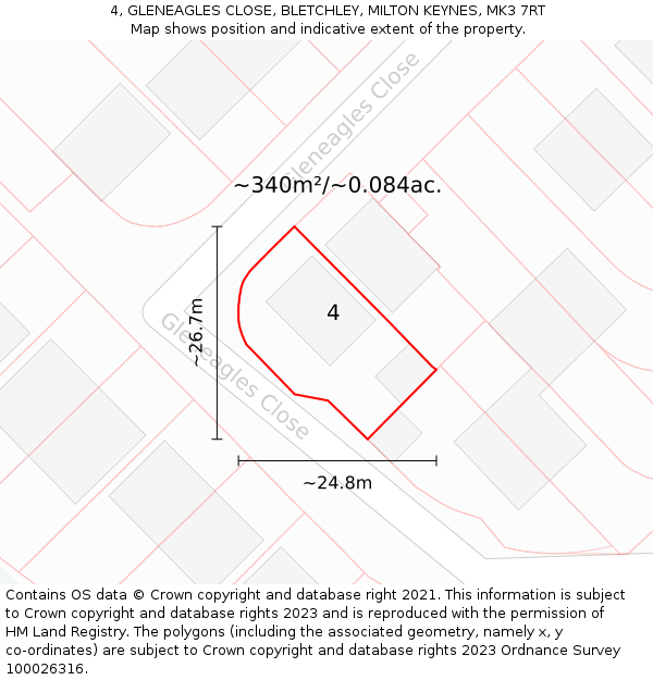 4, GLENEAGLES CLOSE, BLETCHLEY, MILTON KEYNES, MK3 7RT: Plot and title map