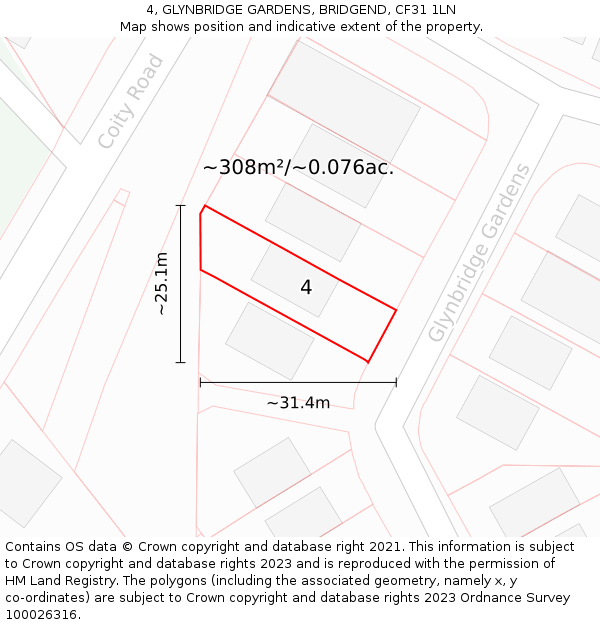 4, GLYNBRIDGE GARDENS, BRIDGEND, CF31 1LN: Plot and title map