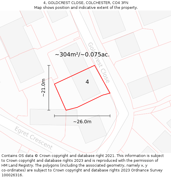 4, GOLDCREST CLOSE, COLCHESTER, CO4 3FN: Plot and title map