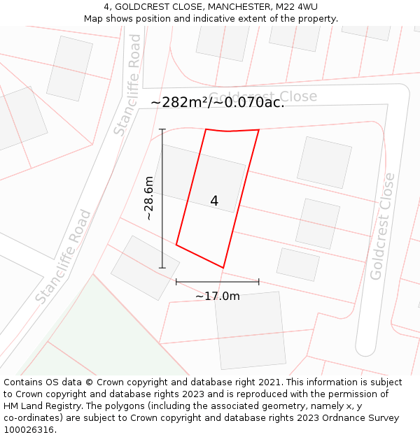 4, GOLDCREST CLOSE, MANCHESTER, M22 4WU: Plot and title map