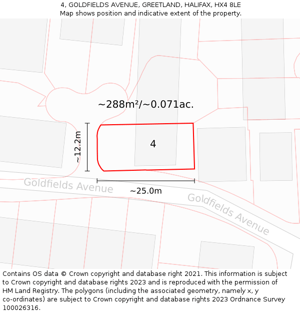 4, GOLDFIELDS AVENUE, GREETLAND, HALIFAX, HX4 8LE: Plot and title map