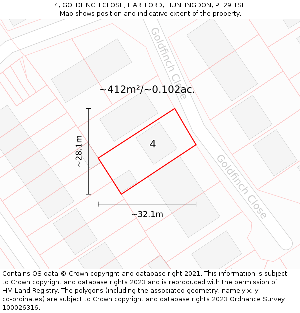 4, GOLDFINCH CLOSE, HARTFORD, HUNTINGDON, PE29 1SH: Plot and title map