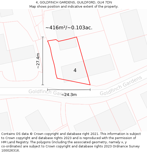 4, GOLDFINCH GARDENS, GUILDFORD, GU4 7DN: Plot and title map