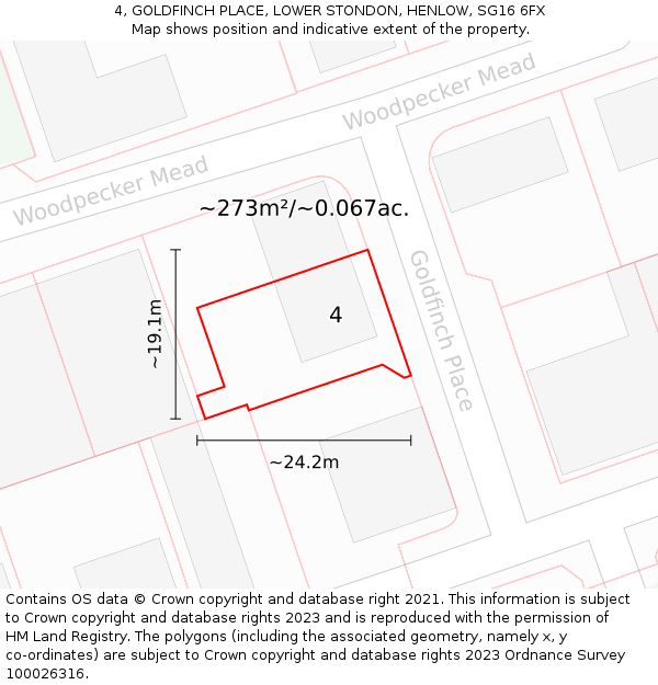 4, GOLDFINCH PLACE, LOWER STONDON, HENLOW, SG16 6FX: Plot and title map