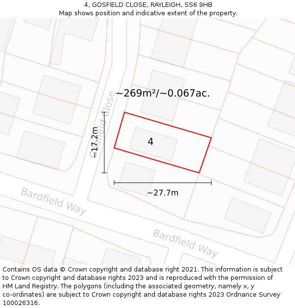 4, GOSFIELD CLOSE, RAYLEIGH, SS6 9HB: Plot and title map