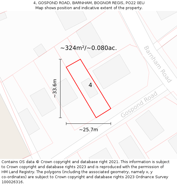 4, GOSPOND ROAD, BARNHAM, BOGNOR REGIS, PO22 0EU: Plot and title map