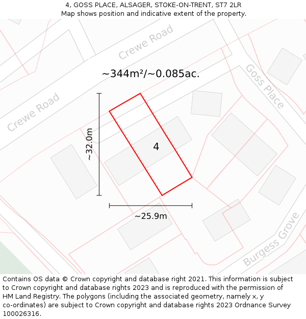 4, GOSS PLACE, ALSAGER, STOKE-ON-TRENT, ST7 2LR: Plot and title map