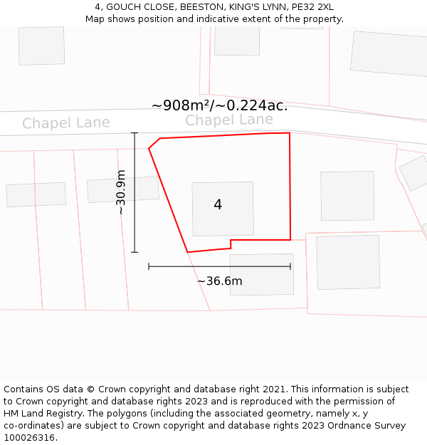 4, GOUCH CLOSE, BEESTON, KING'S LYNN, PE32 2XL: Plot and title map