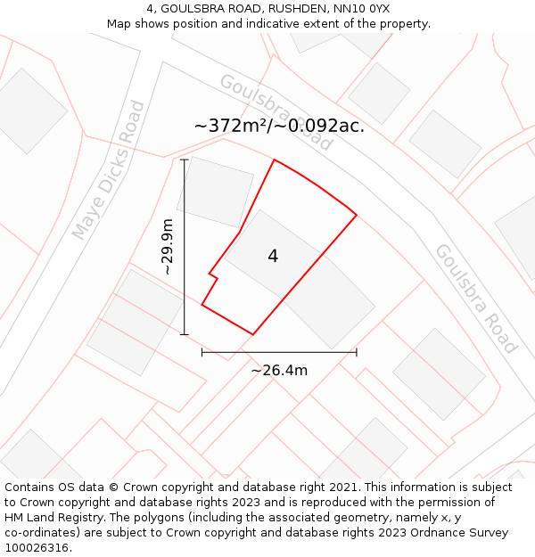 4, GOULSBRA ROAD, RUSHDEN, NN10 0YX: Plot and title map