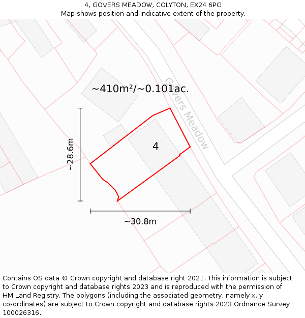 4, GOVERS MEADOW, COLYTON, EX24 6PG: Plot and title map