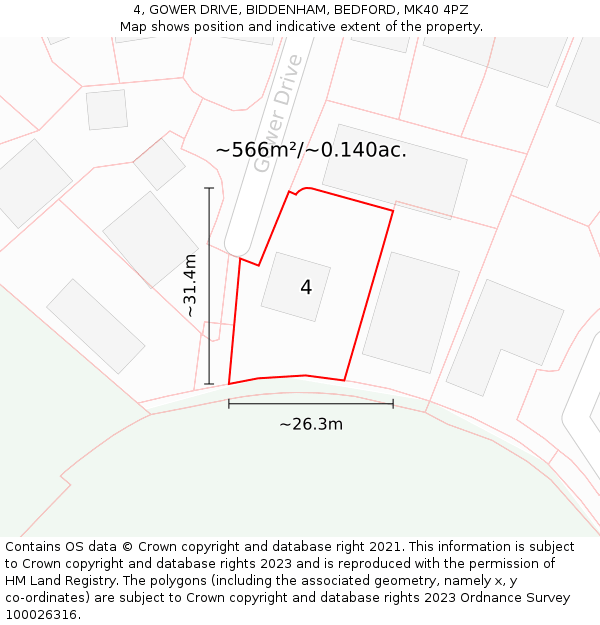 4, GOWER DRIVE, BIDDENHAM, BEDFORD, MK40 4PZ: Plot and title map