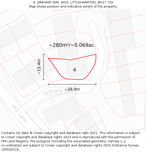 4, GRANARY WAY, WICK, LITTLEHAMPTON, BN17 7QY: Plot and title map