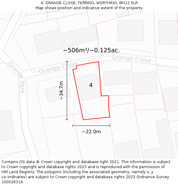 4, GRANGE CLOSE, FERRING, WORTHING, BN12 5LR: Plot and title map