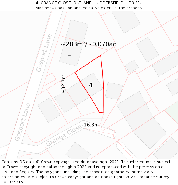 4, GRANGE CLOSE, OUTLANE, HUDDERSFIELD, HD3 3FU: Plot and title map
