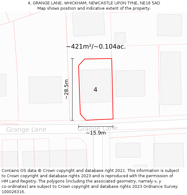 4, GRANGE LANE, WHICKHAM, NEWCASTLE UPON TYNE, NE16 5AD: Plot and title map