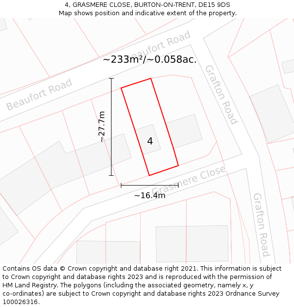 4, GRASMERE CLOSE, BURTON-ON-TRENT, DE15 9DS: Plot and title map