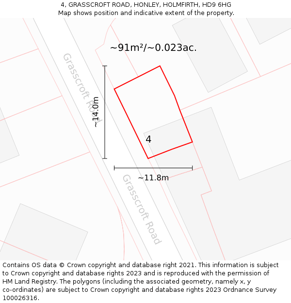 4, GRASSCROFT ROAD, HONLEY, HOLMFIRTH, HD9 6HG: Plot and title map