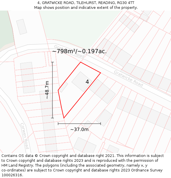 4, GRATWICKE ROAD, TILEHURST, READING, RG30 4TT: Plot and title map