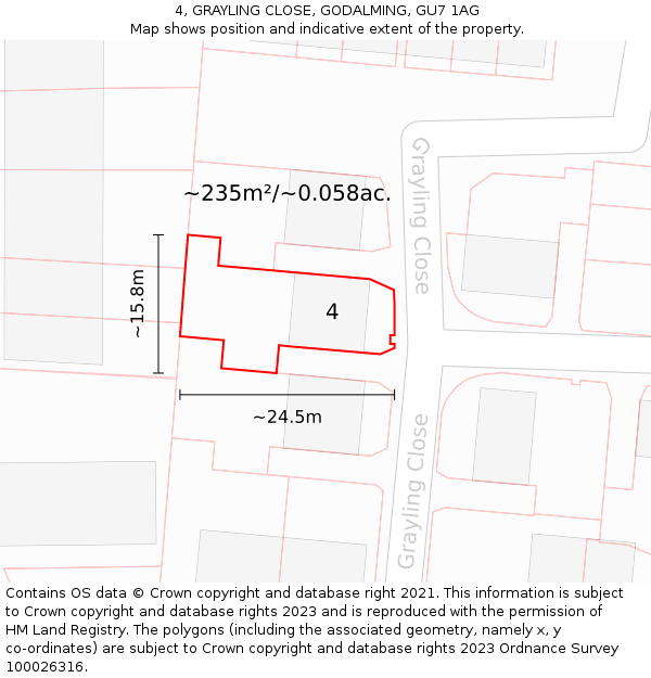 4, GRAYLING CLOSE, GODALMING, GU7 1AG: Plot and title map