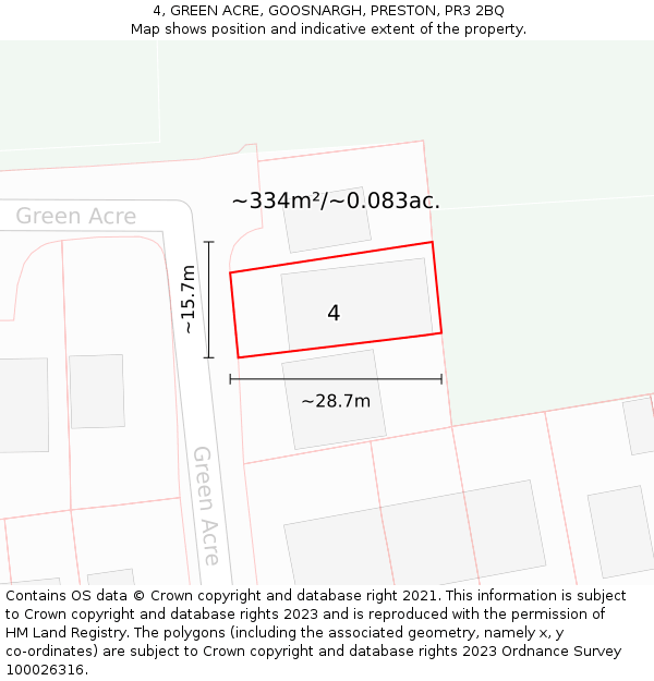 4, GREEN ACRE, GOOSNARGH, PRESTON, PR3 2BQ: Plot and title map