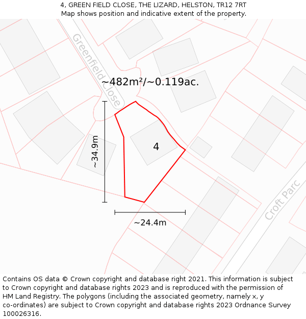 4, GREEN FIELD CLOSE, THE LIZARD, HELSTON, TR12 7RT: Plot and title map