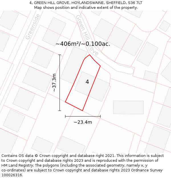 4, GREEN HILL GROVE, HOYLANDSWAINE, SHEFFIELD, S36 7LT: Plot and title map