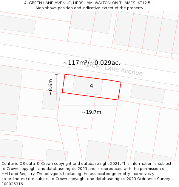 4, GREEN LANE AVENUE, HERSHAM, WALTON-ON-THAMES, KT12 5HL: Plot and title map