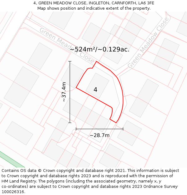 4, GREEN MEADOW CLOSE, INGLETON, CARNFORTH, LA6 3FE: Plot and title map