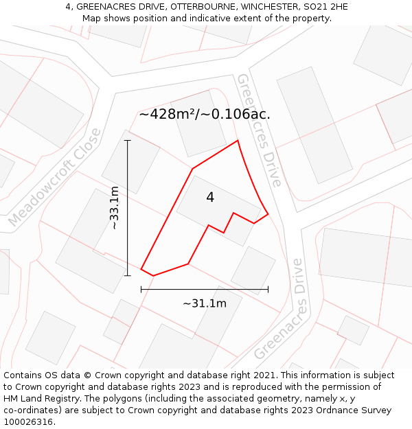 4, GREENACRES DRIVE, OTTERBOURNE, WINCHESTER, SO21 2HE: Plot and title map
