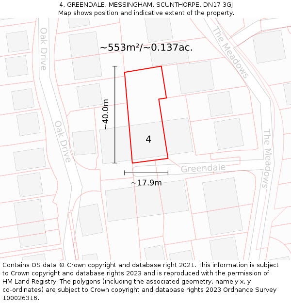 4, GREENDALE, MESSINGHAM, SCUNTHORPE, DN17 3GJ: Plot and title map